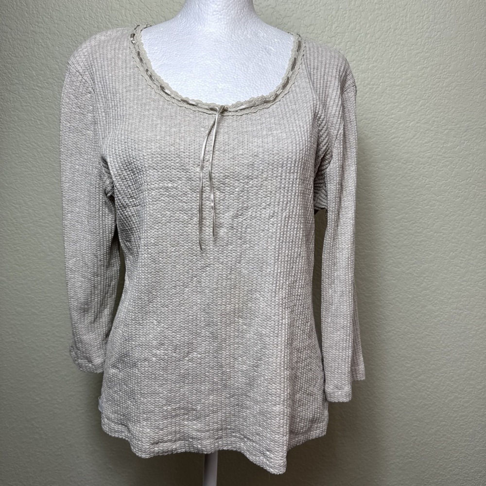 Vintage Lauren Ralph Lauren XL Beige Thermal Ribbon Tie Cottagecore Top